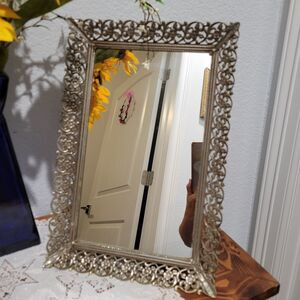 Vtg Rectangle Mirrored Vanity Tray Silver Filigree Mauv Velvet Back Footed 16x11